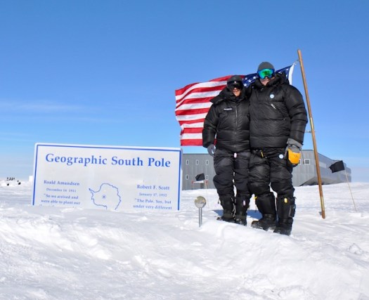 Julia and mark at the Magnetic South Pole. The residential facility is behind us and the small pole in front.