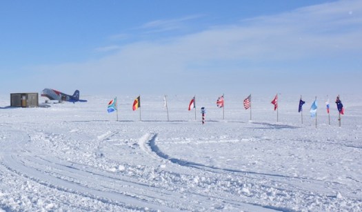 The 12 flags representing the countries that signed the 1961 treaty to keep Antarctica free for science only.