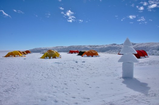 The staff tents at Fuel Depot 83 with an ice Christmas Tree.