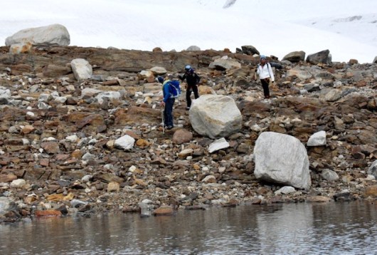 Me struggling through the rocky terrain