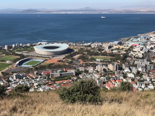 City view with FIFA World Cup stadium in the background.