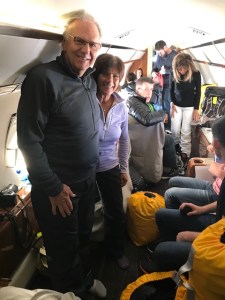 The cluttered cabin in the Gulfstream. 