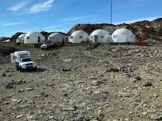 The public pods, trucks and rock walk from our pod.