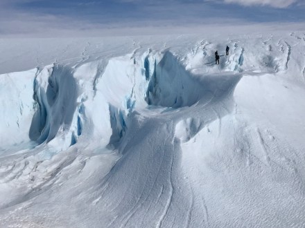 Climbing the glacier while avoiding crevasses. They are not far away, but distances are very deceiving.