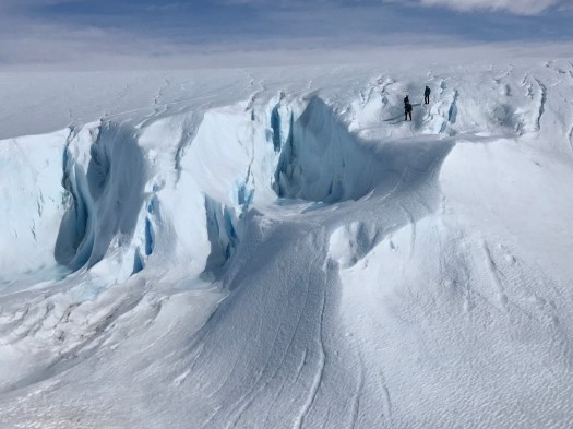 Climbing the glacier while avoiding crevasses. They are not far away, but distances are very deceiving.