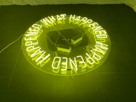 "One Thousand Voices", is a multimedia installation by Owanto that addresses Female Genital Mutilation. This exhibit highlights gender inequality and the politics surrounding a woman's body. THe enlightened words in "What happened, Happened, Happened offer an alternative way out from the shadows.