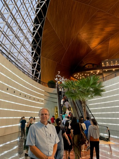 Inside the Performing arts building with the vaulted wooden ceiling
