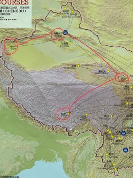 A map of Xinjiang Province in far eastern China. THe Counter clockwise direction indicates our route of flight.