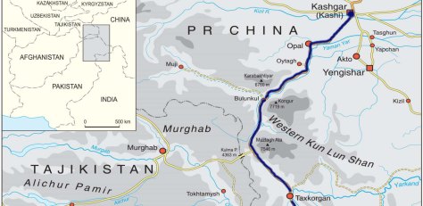 Close up map of the Karakoram Highway from Kashgar to Tashkorgan.