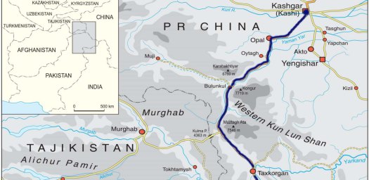 Close up map of the Karakoram Highway from Kashgar to Tashkorgan.